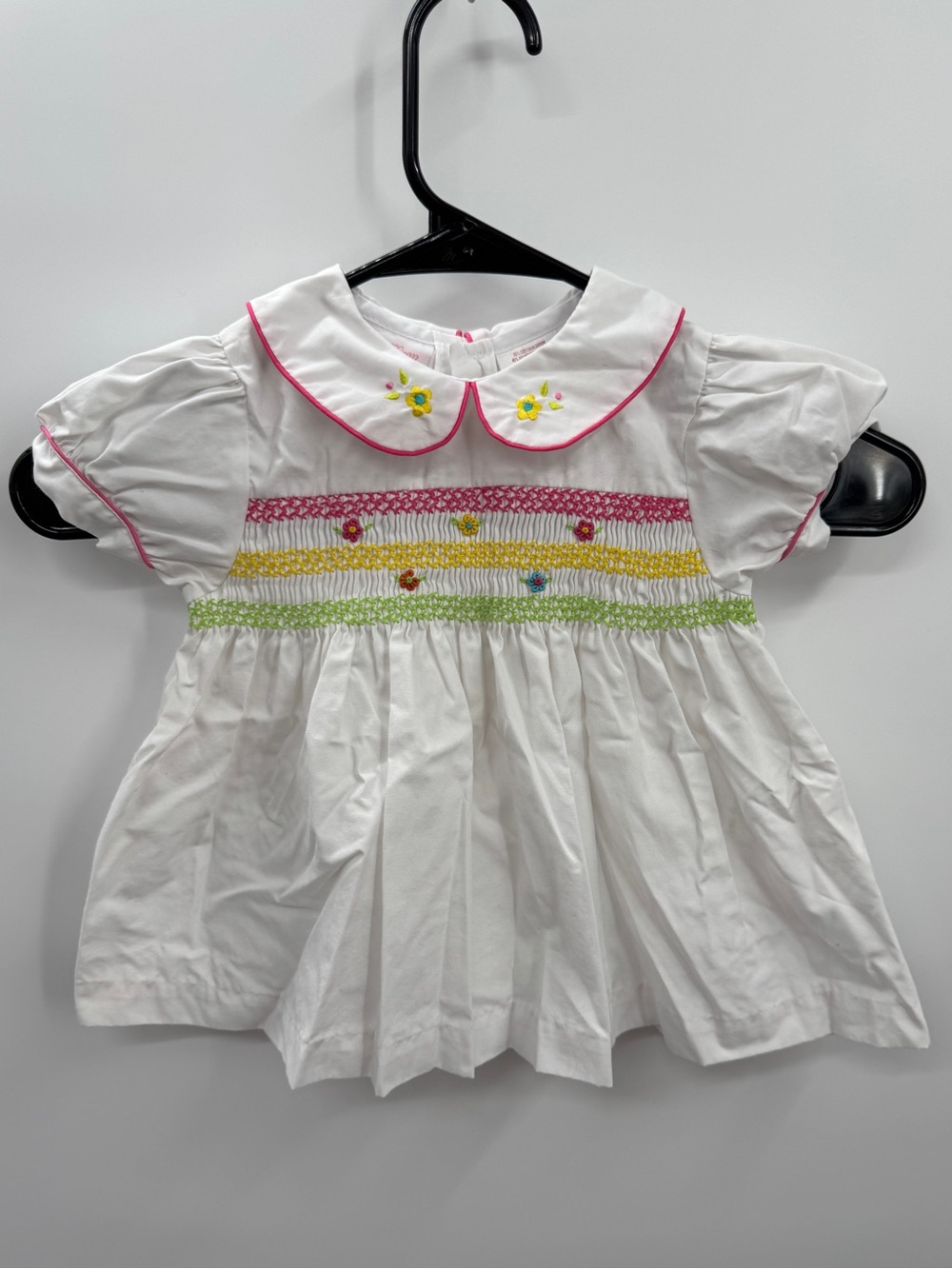 Vintage Allison Ann Smocked Baby Dress White Floral Peter Pan Collar 12M